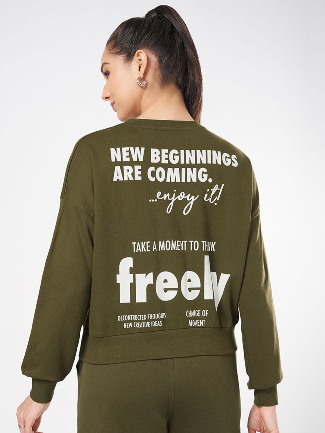 

Ajile by Pantaloons Women Printed Round Neck Cotton Sweatshirt, Olive