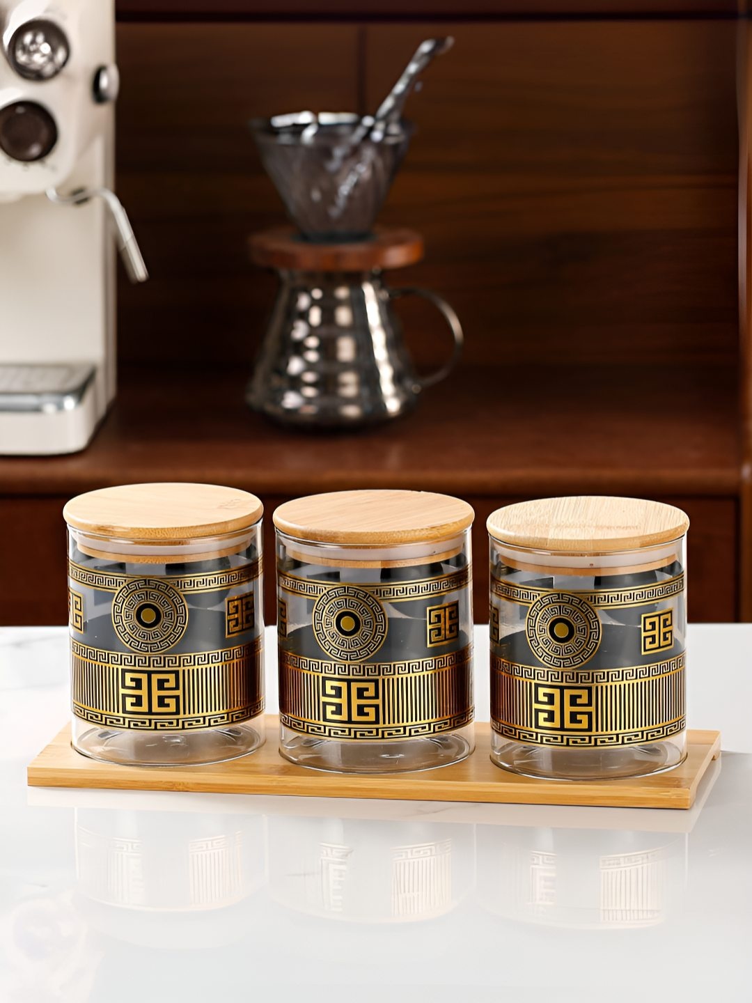

UMAI Gold Toned & Black 3 Pieces Ceramic Canister Container 300ml With Bamboo Lids