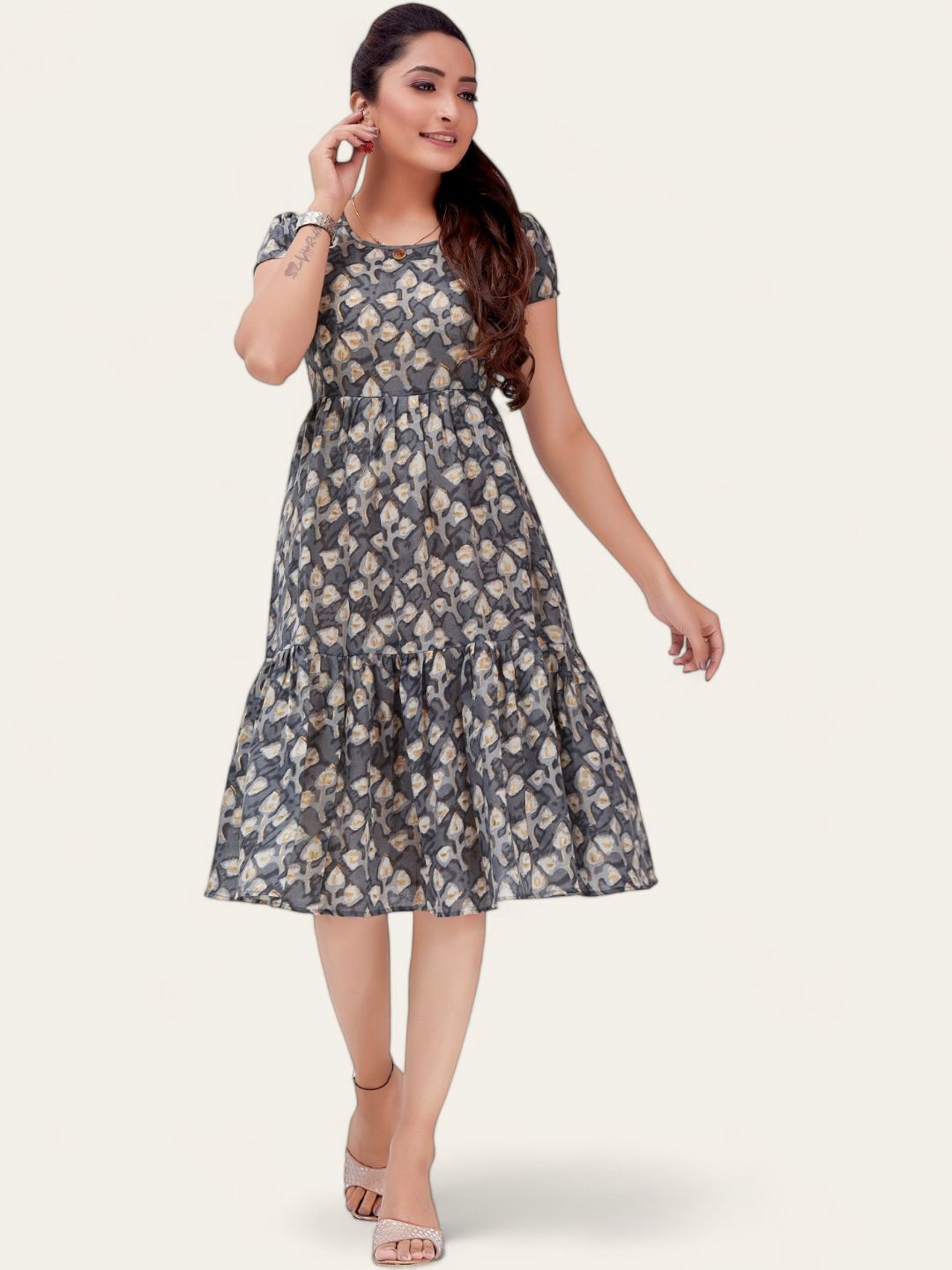 

RITIJYA Ethnic Motifs Printed Maternity Fit & Flare Dress, Grey