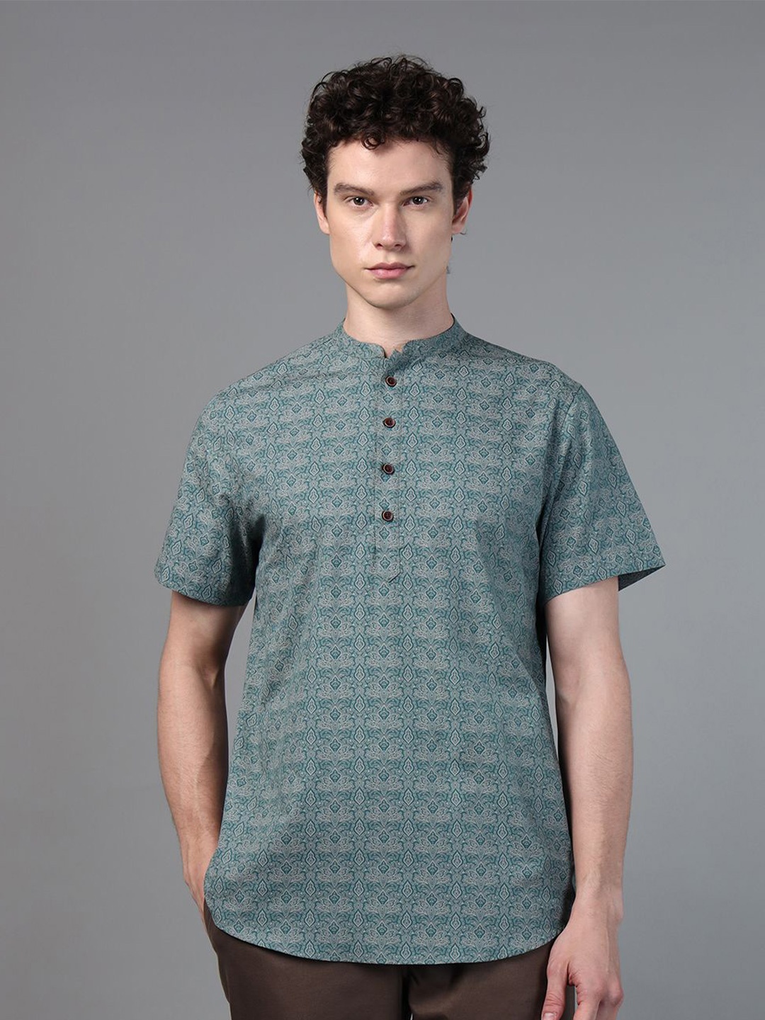 

DON VINO Men Comfort Band Collar Ethnic Printed Cotton Slim Fit Casual Shirt, Green