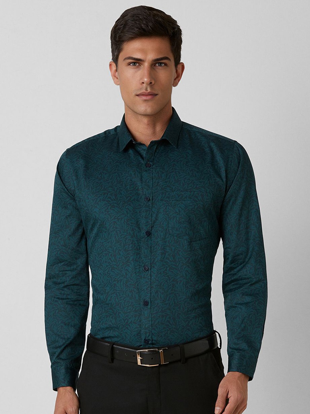 

V Dot Men Spread Collar Floral Printed Cotton Slim Fit Formal Shirt, Teal