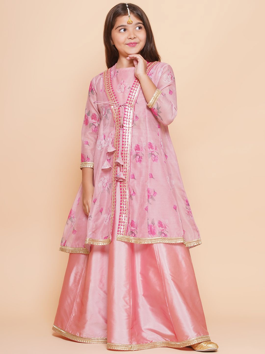 

Bitiya by Bhama Girls Floral Printed Sequinned Ready to Wear Lehenga & Blouse with Shrug, Pink
