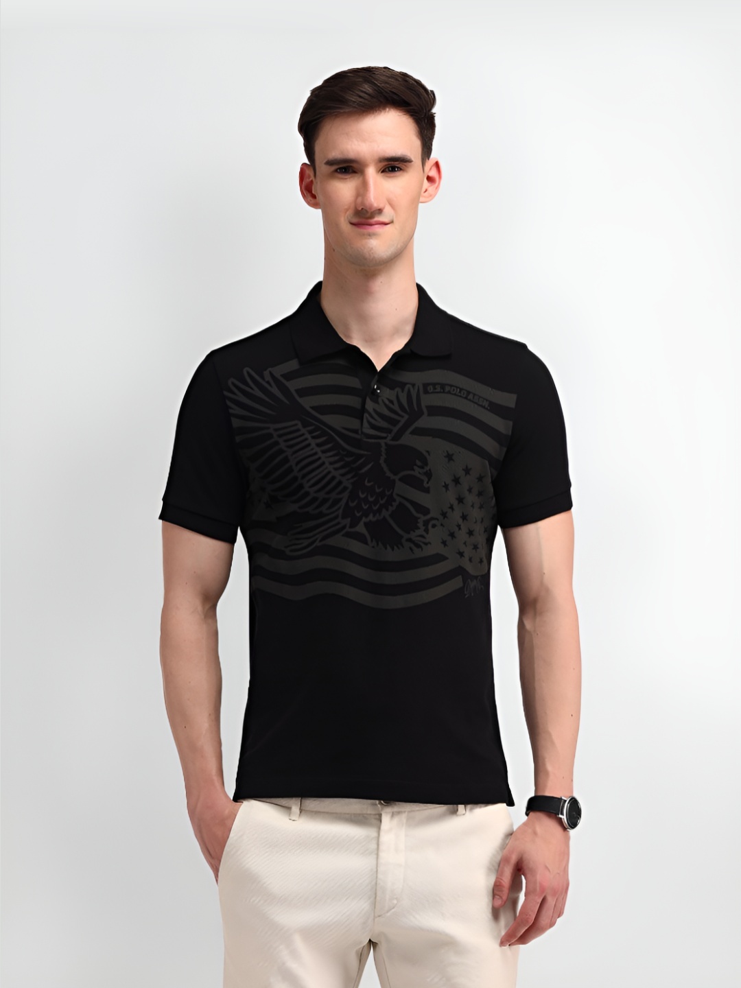 

U.S. Polo Assn. Denim Co. Men Graphic Printed Polo Collar Cotton Slim Fit T-shirt, Black