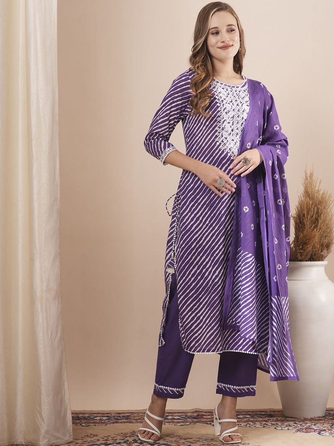 

FASHOR Leheriya Printed Mirror Work Pure Cotton Kurta With Trousers & Dupatta, Purple