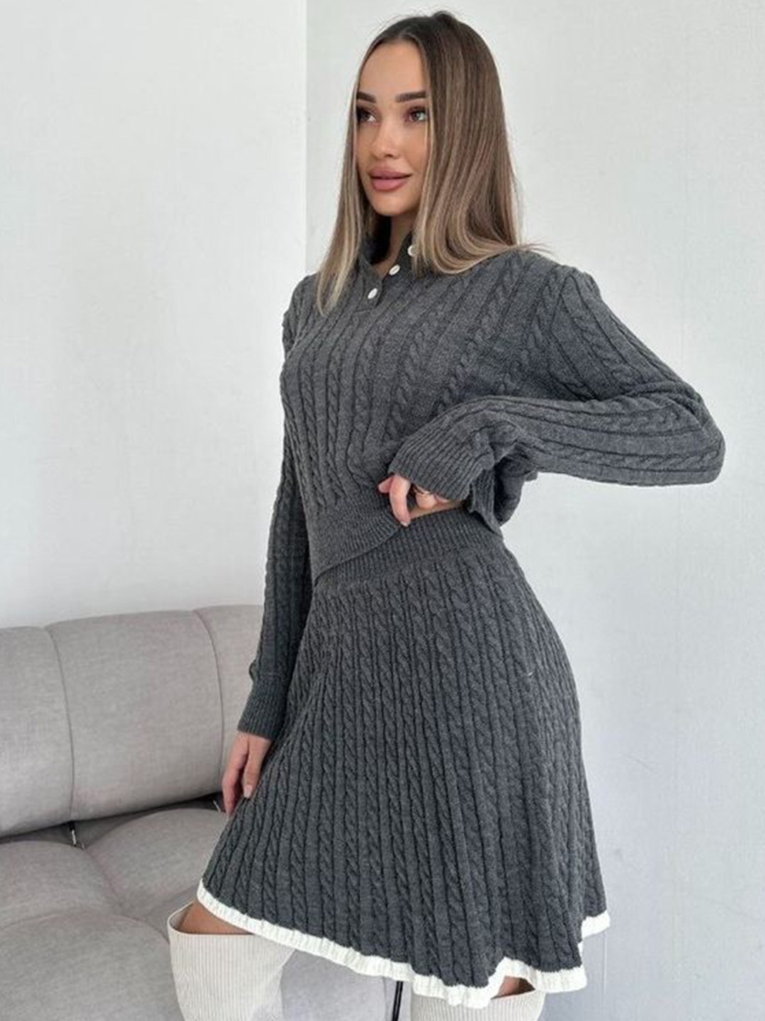 

LULU & SKY Self Design Polo Collar Long Sleeves Sweater With Skirt, Grey