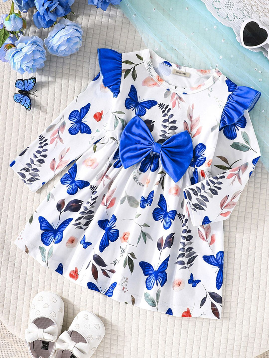 

INCLUD Girls Printed Fit & Flare Dress, Blue