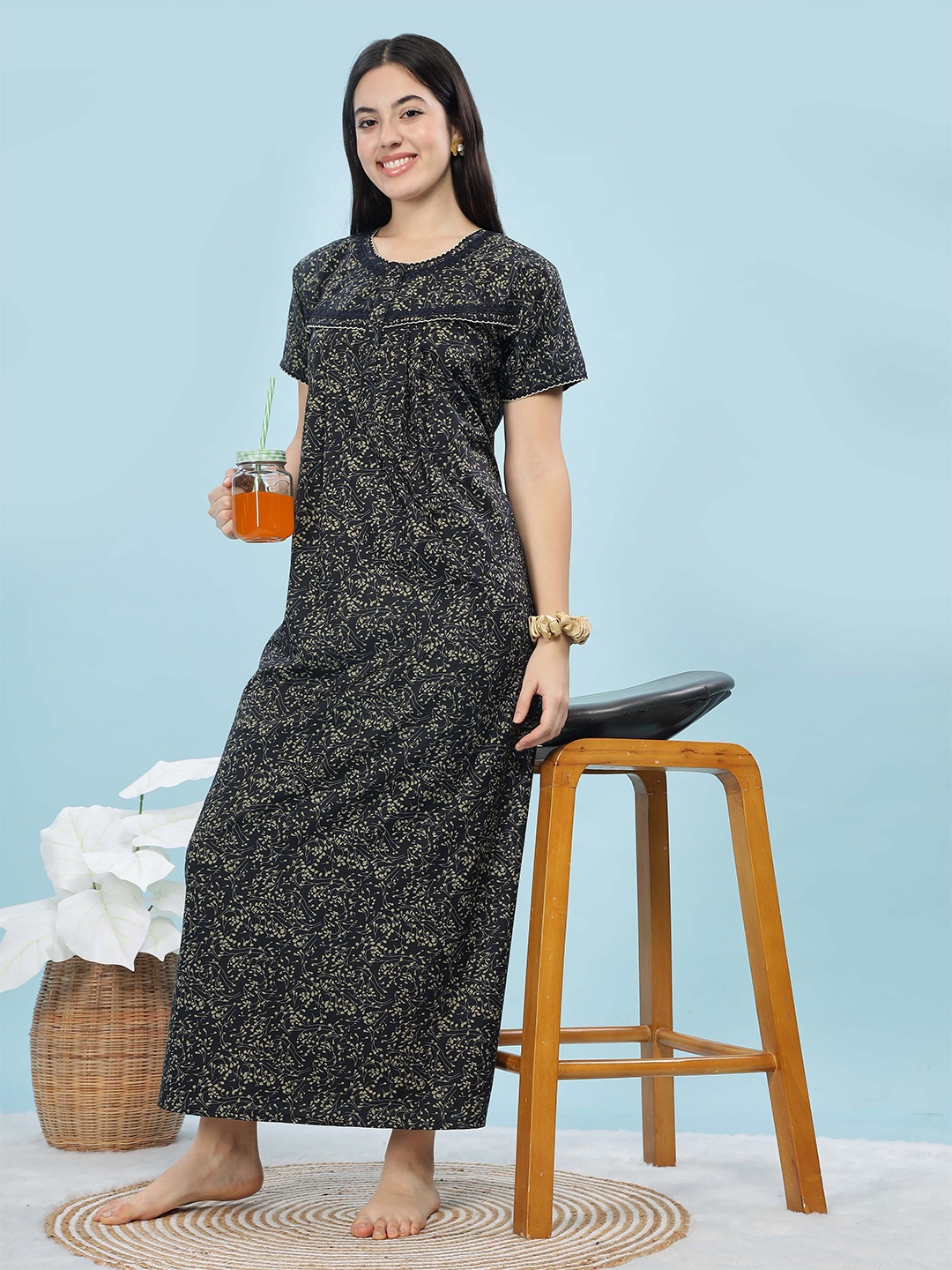 

9shines Label Women Everyday Tropical Printed Maxi Nightdress, Navy blue