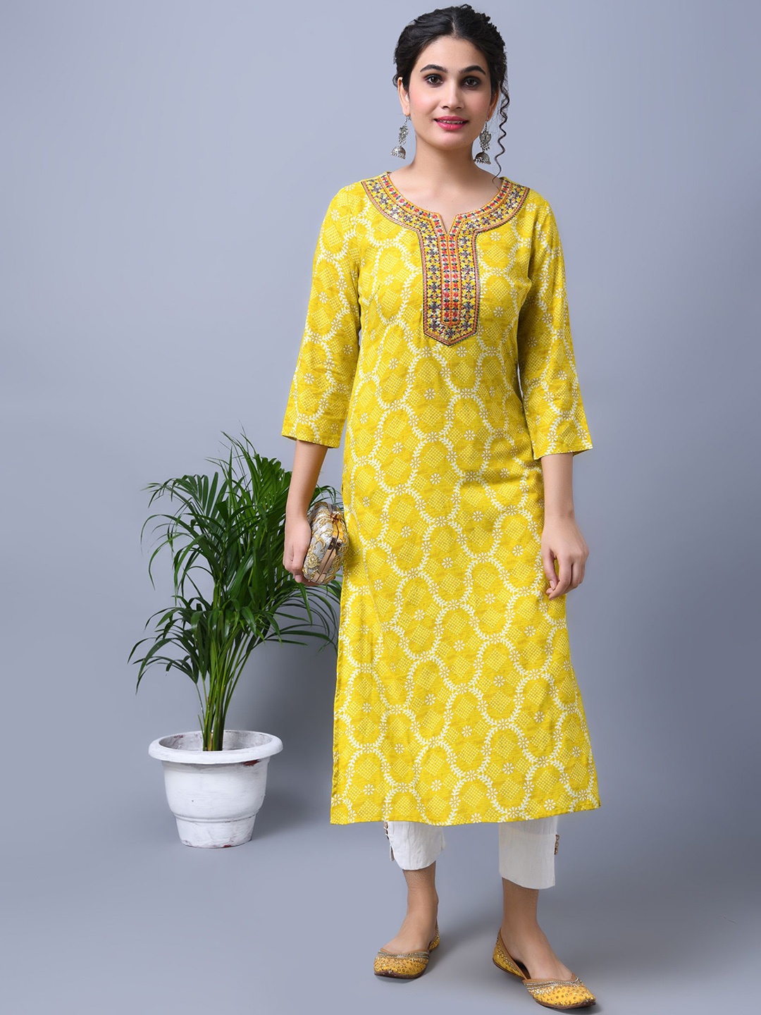 

Anouk Ethnic Motifs Printed Regular Liva Straight Kurta, Yellow
