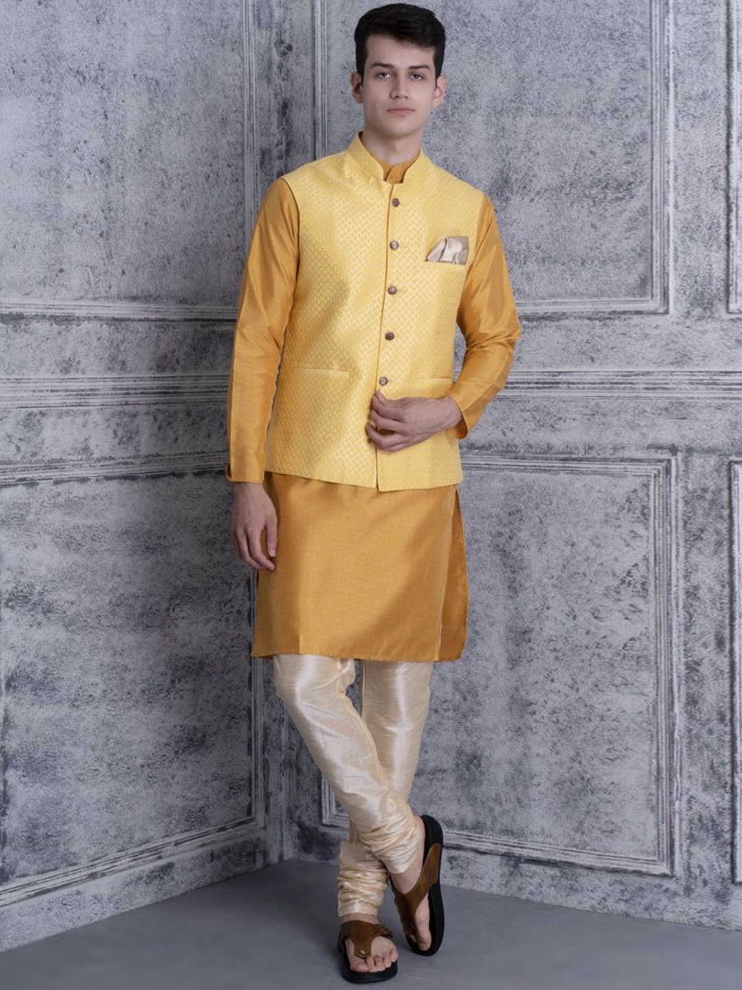 

Ethluxis Mandarin Collar Jacquard Dupion Silk Kurta With Churidar & Nehru Jacket, Mustard