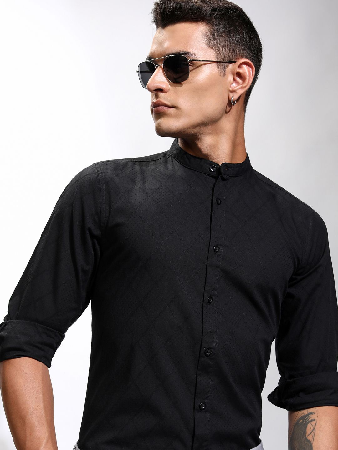 

HIGHLANDER Men Band Collar Textured Cotton Casual Shirt, Black