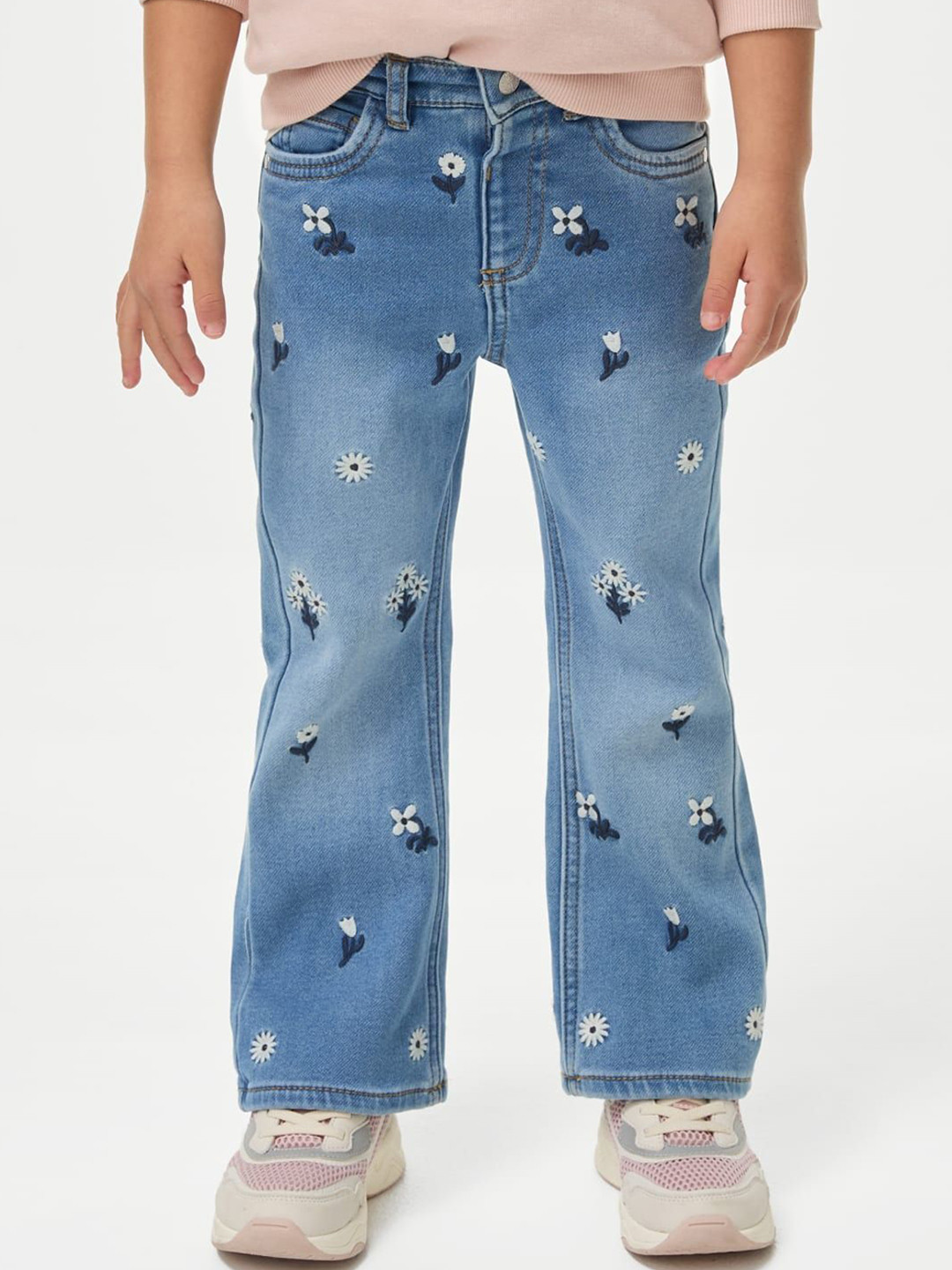 

Marks & Spencer Girls Cotton Flared High-Rise Mildly Distressed Heavy Fade Casual Jeans, Blue