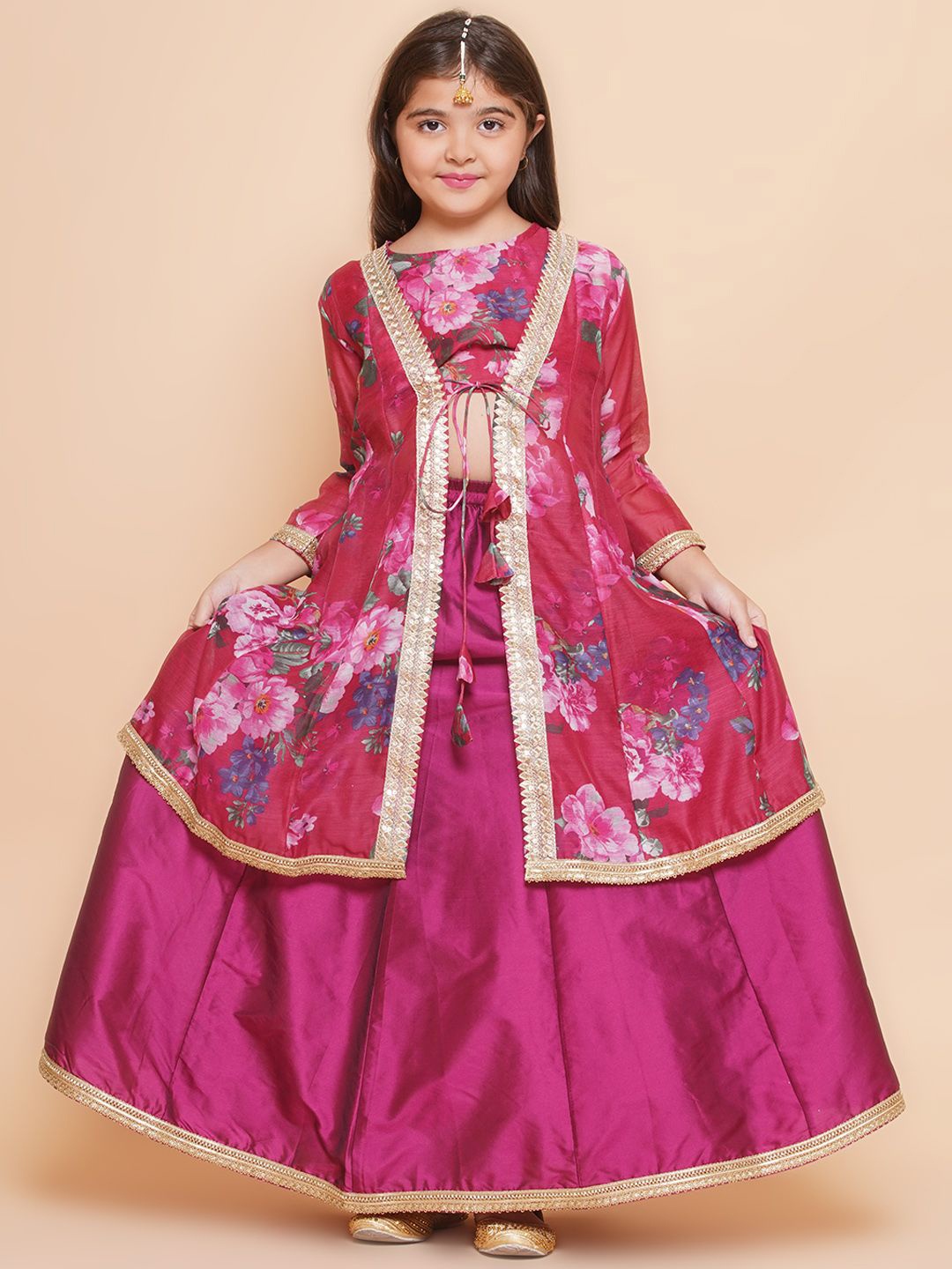 

Bitiya by Bhama Girls Floral Printed Sequinned Ready to Wear Lehenga & Blouse with Shrug, Pink