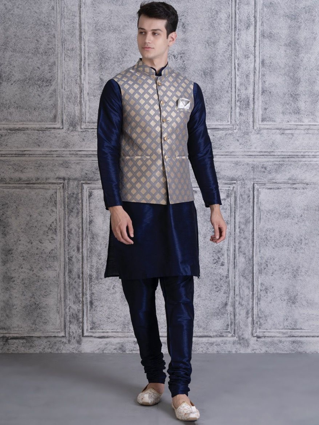 

Ethluxis Mandarin Collar Jacquard Dupion Silk Kurta With Churidar & Nehru Jacket, Navy blue