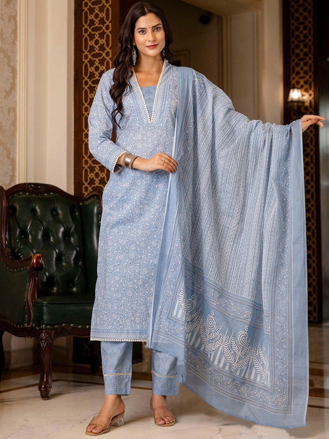 

KALINI Floral Printed V-Neck Straight Kurta with Trousers & Dupatta, Blue