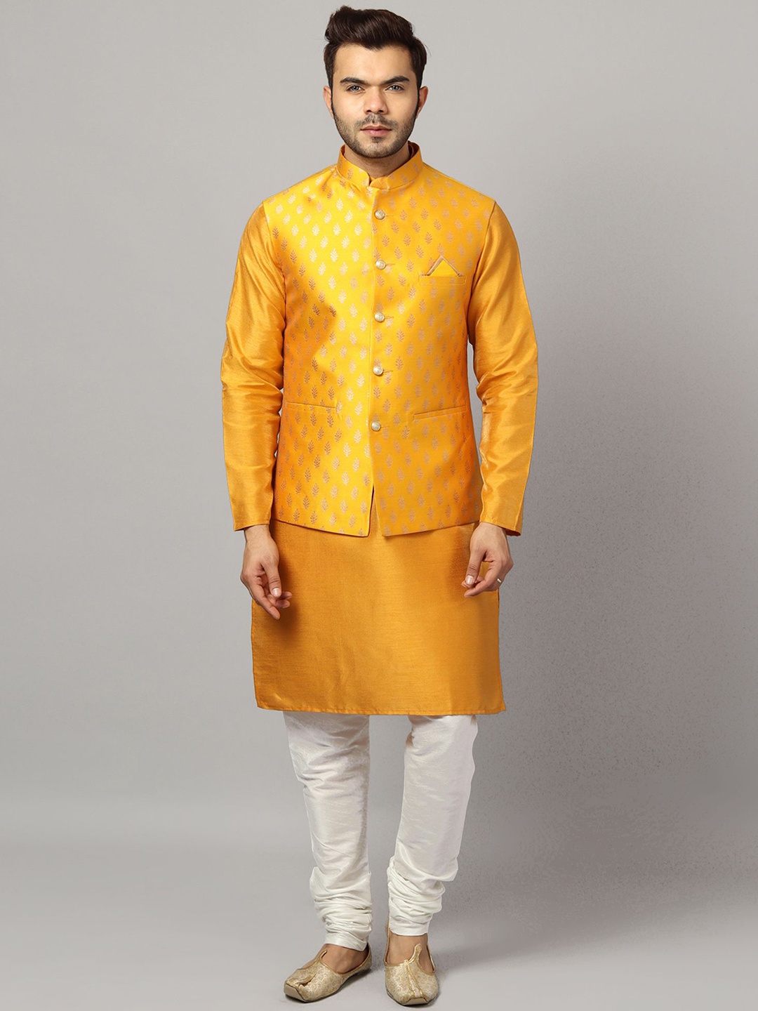 

Ethluxis Mandarin Collar Jacquard Dupion Silk Kurta With Churidar & Nehru Jacket, Yellow