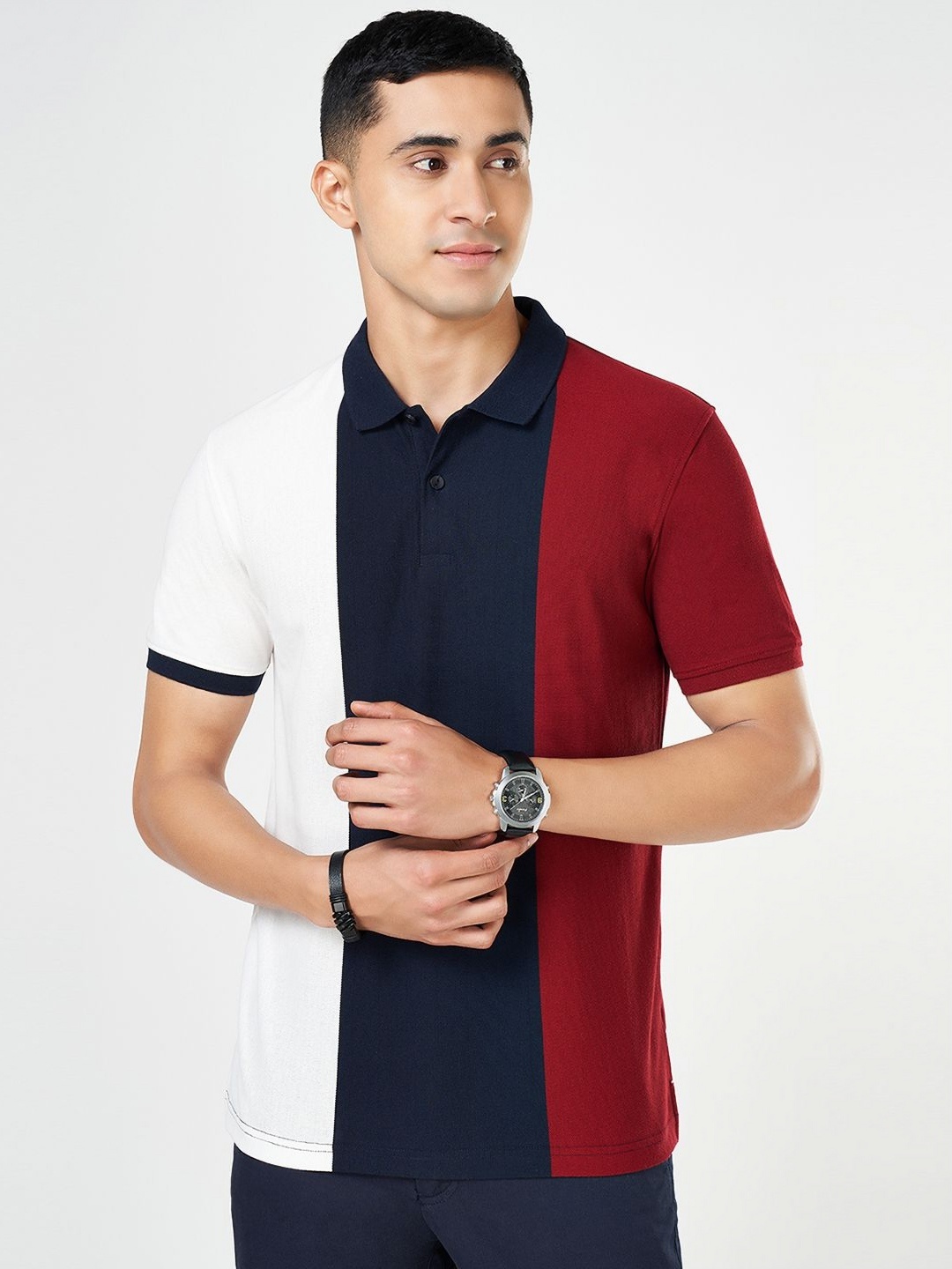 

BYFORD by Pantaloons Men Colourblocked Polo Collar Cotton Slim Fit T-shirt, Maroon