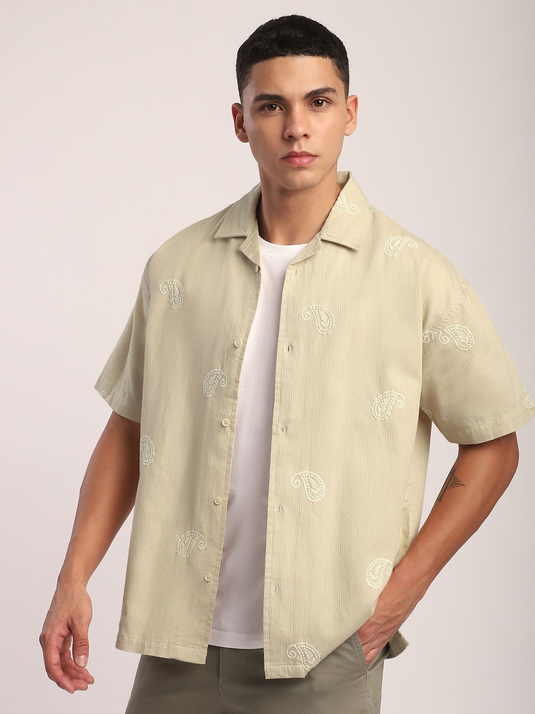 

Beyoung Men Cuban Collar Conversational Printed Cotton Casual Shirt, Beige