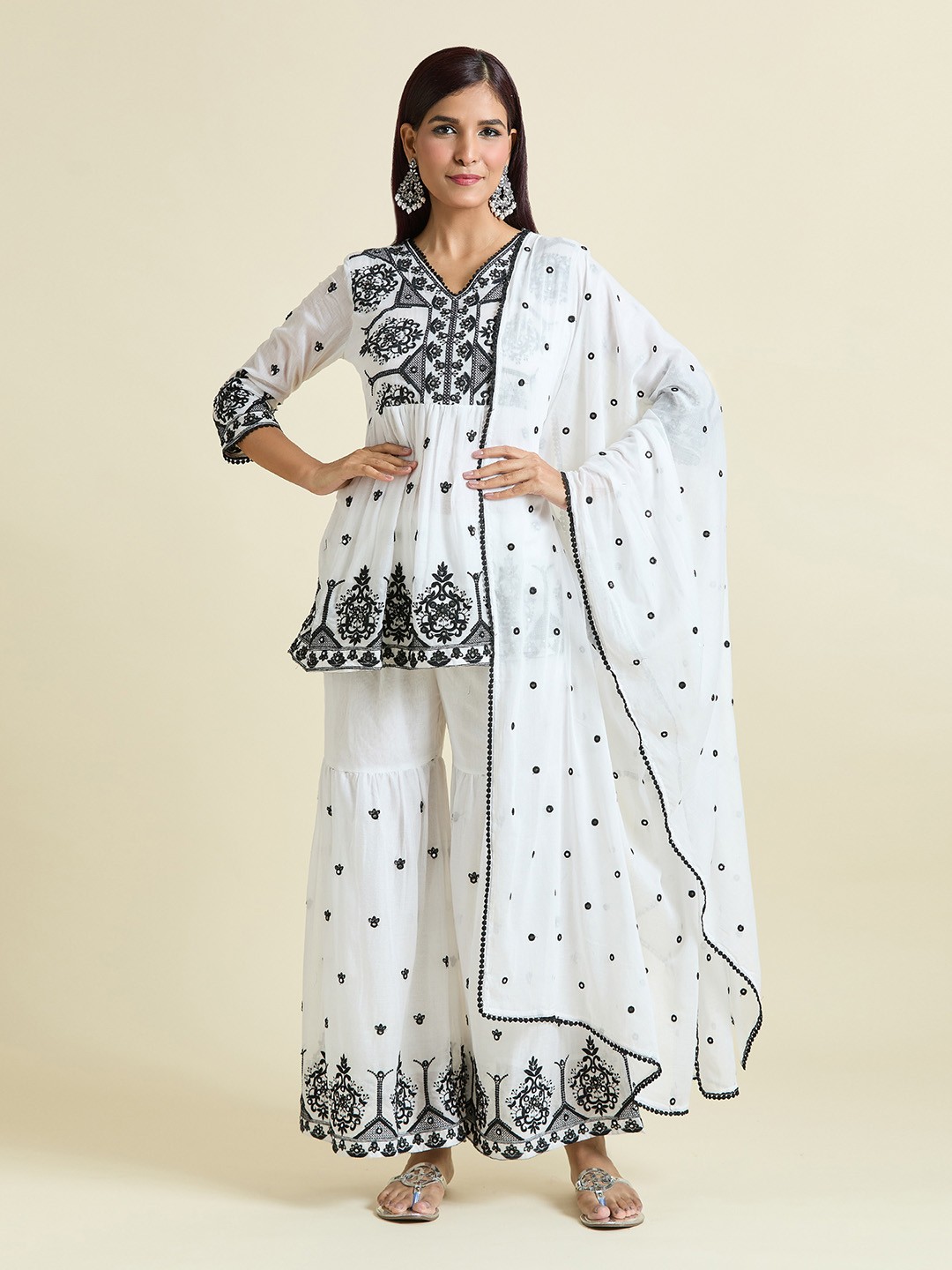 

Samyukta Singhania Floral Embroidered Regular Pure Cotton A-Line Kurti with Sharara & Dupatta, White