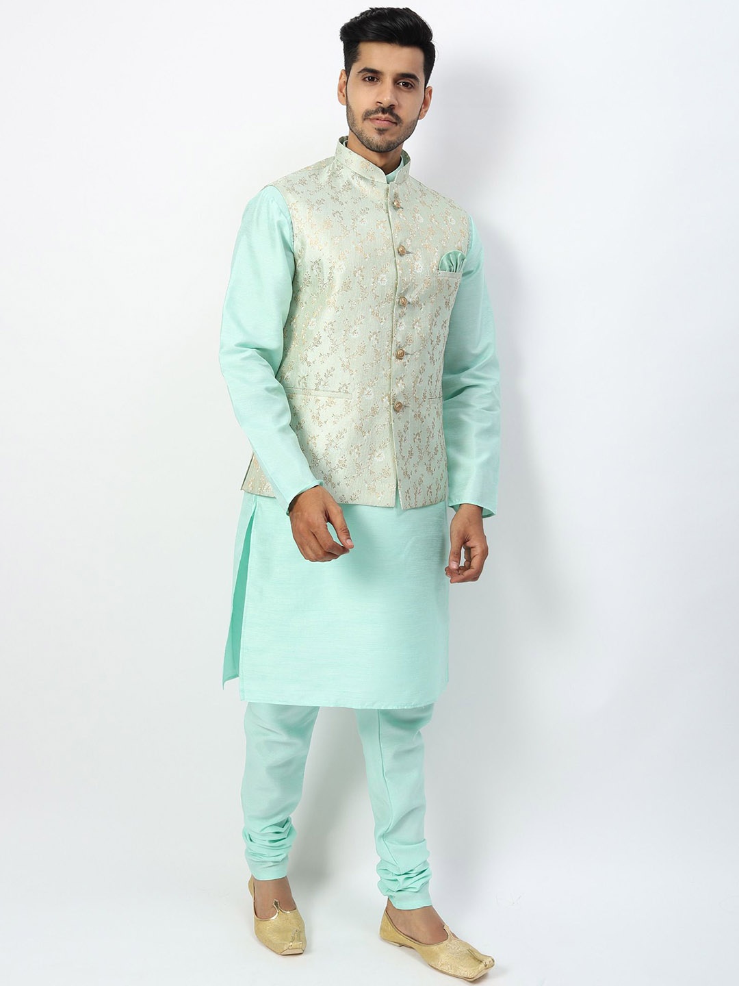 

Ethluxis Mandarin Collar Jacquard Dupion Silk Kurta With Churidar & Nehru Jacket, Sea green