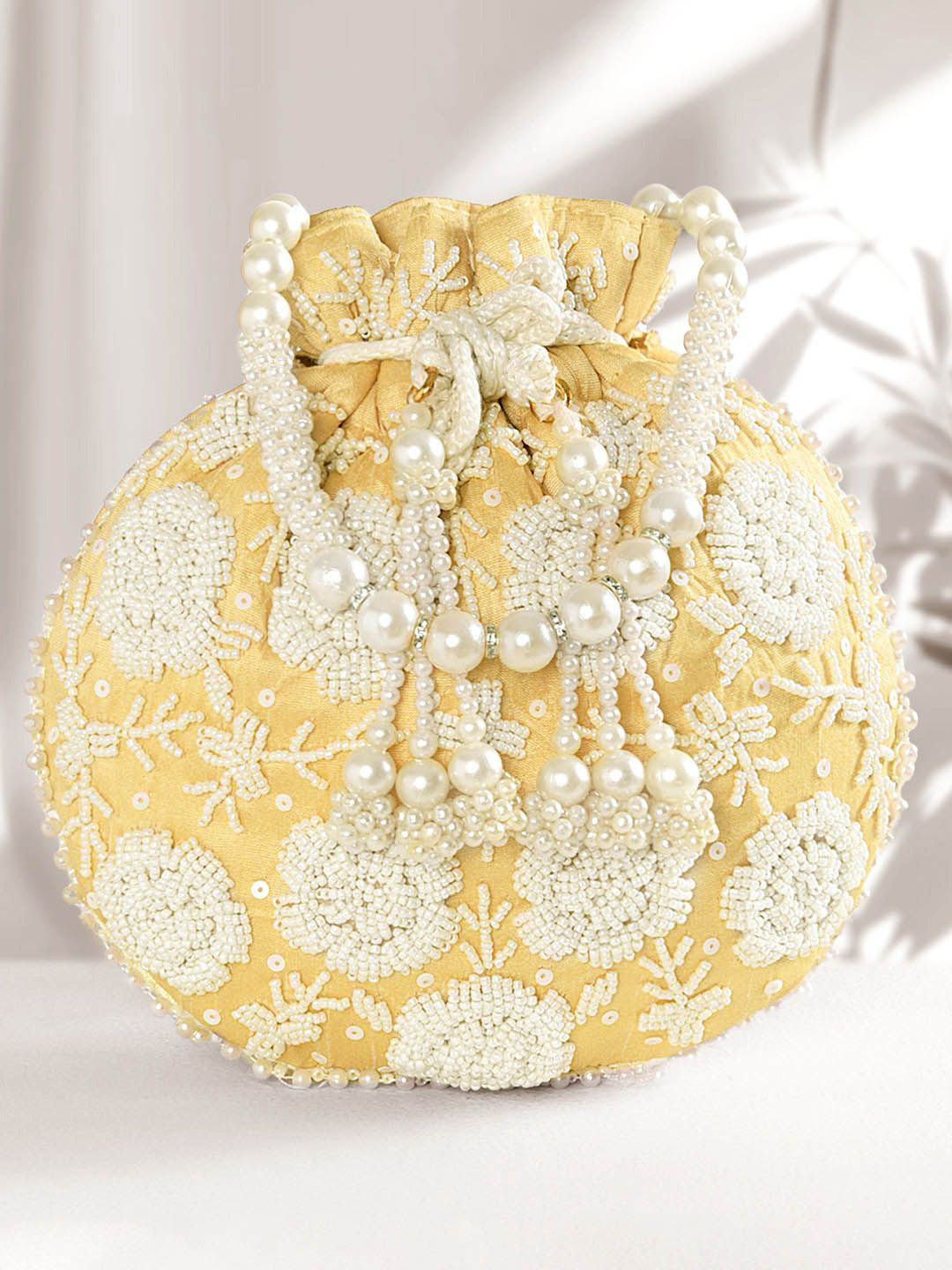 

Peora Floral Embroidered Embellished Potli Clutch, Gold