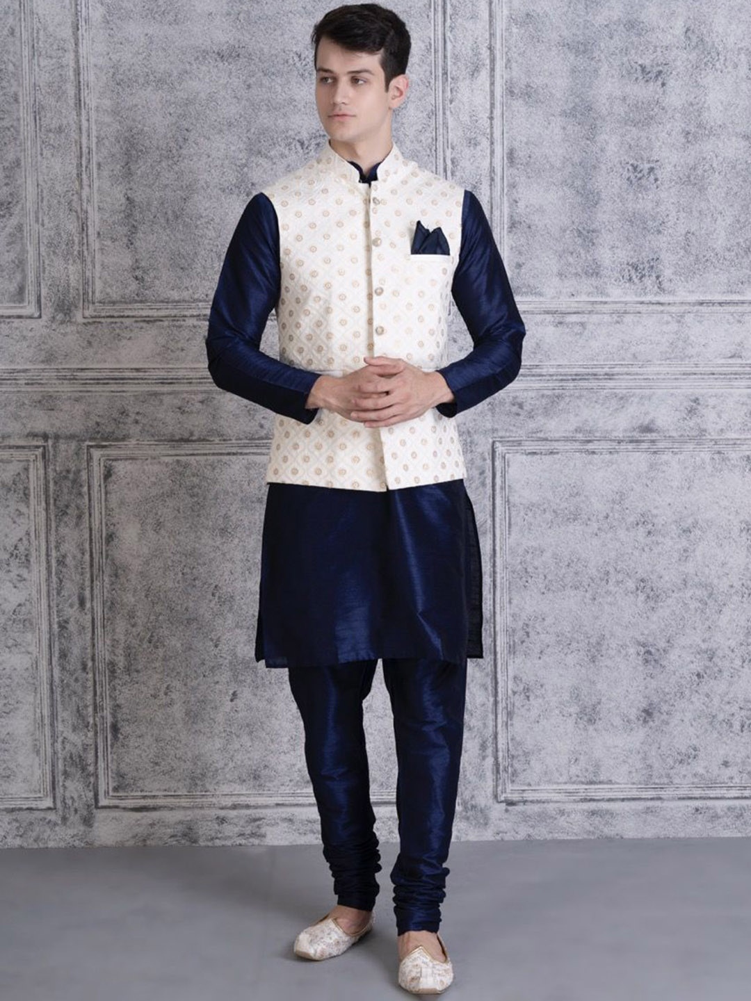 

Ethluxis Mandarin Collar Regular Dupion Silk Kurta with Churidar, Navy blue