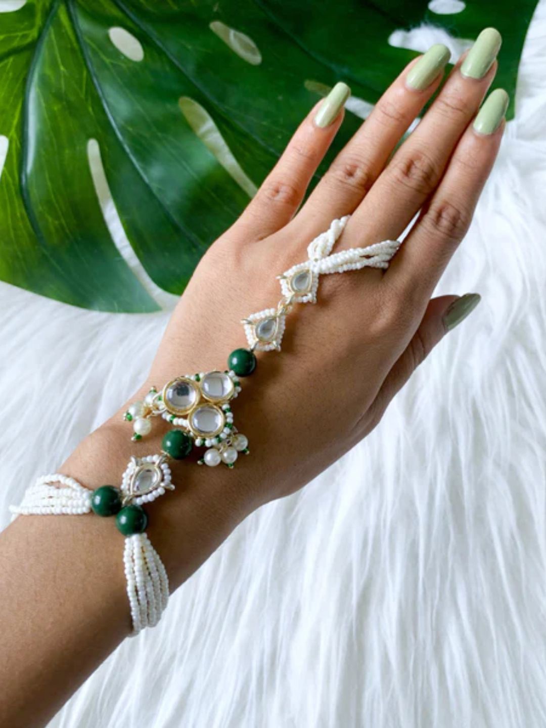 

I Jewels Gold-Plated Kundan Studded & Pearl Beaded Ring Bracelet