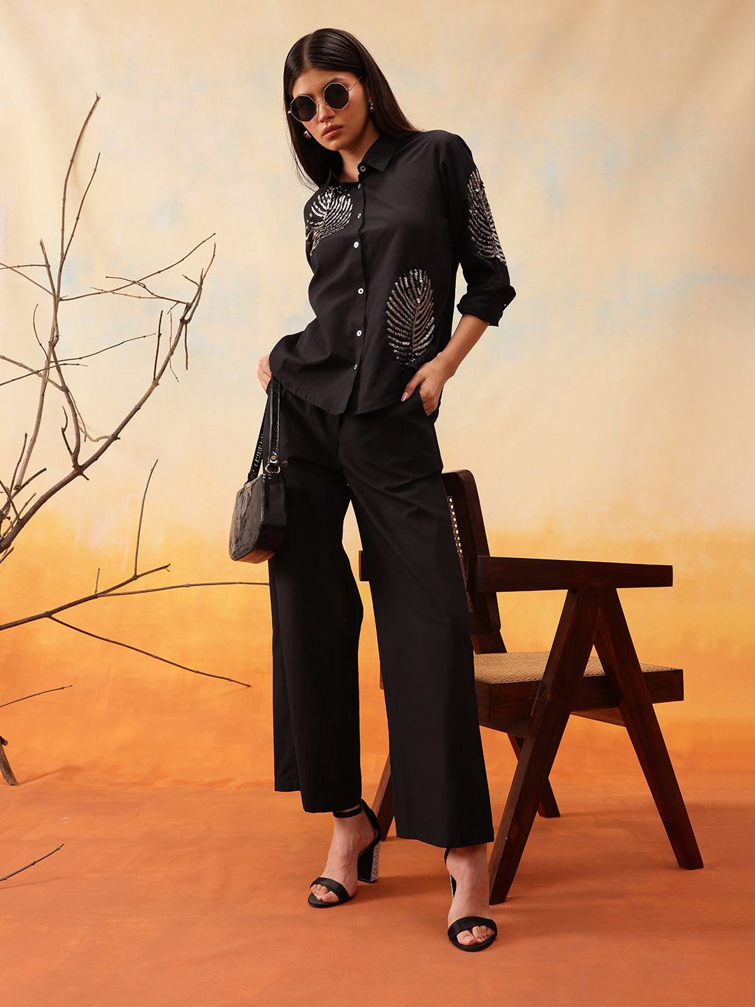 

indo street Embellished Shirt With Trousers, Black