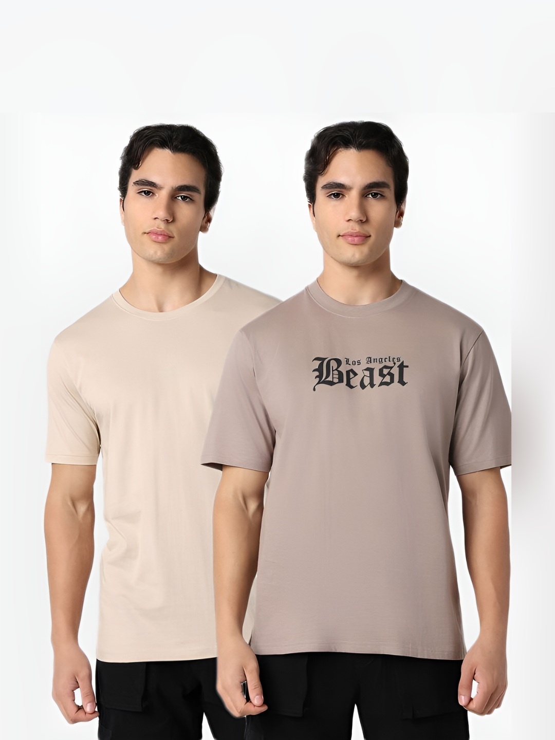 

R&B Men Pack Of 2 Typography Printed Round Neck Cotton T-shirts, Beige