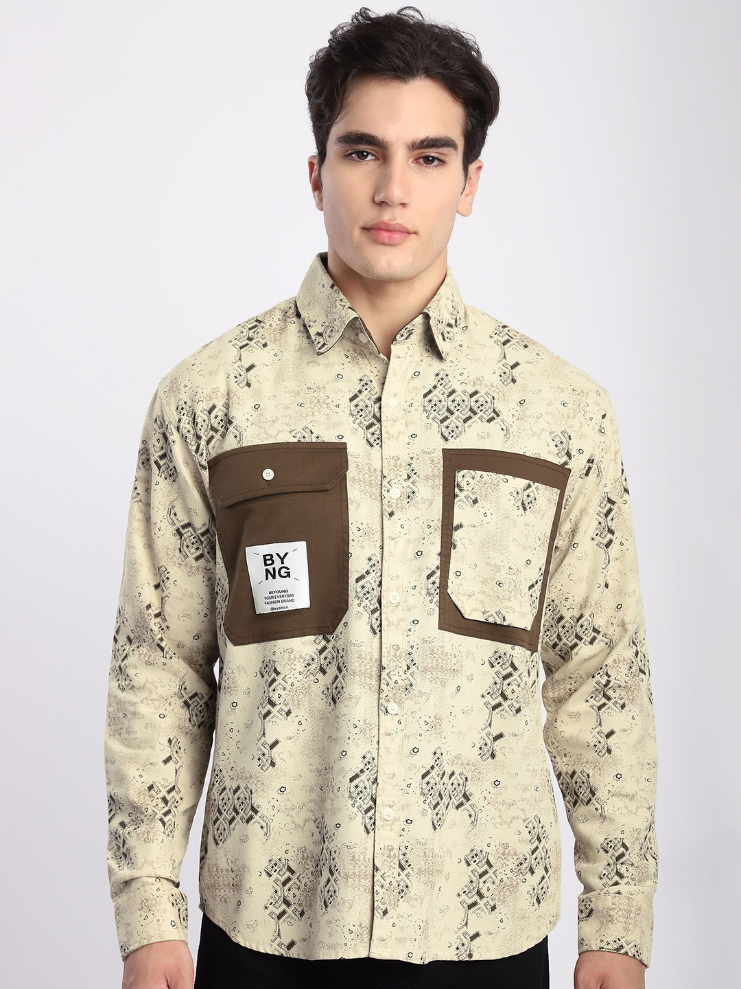 

Beyoung Men Abstract Printed Shacket, Beige