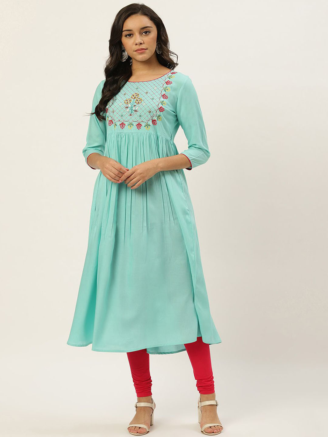 

Anouk Floral Embroidered Thread Work Pleated Liva Anarkali Kurta, Blue