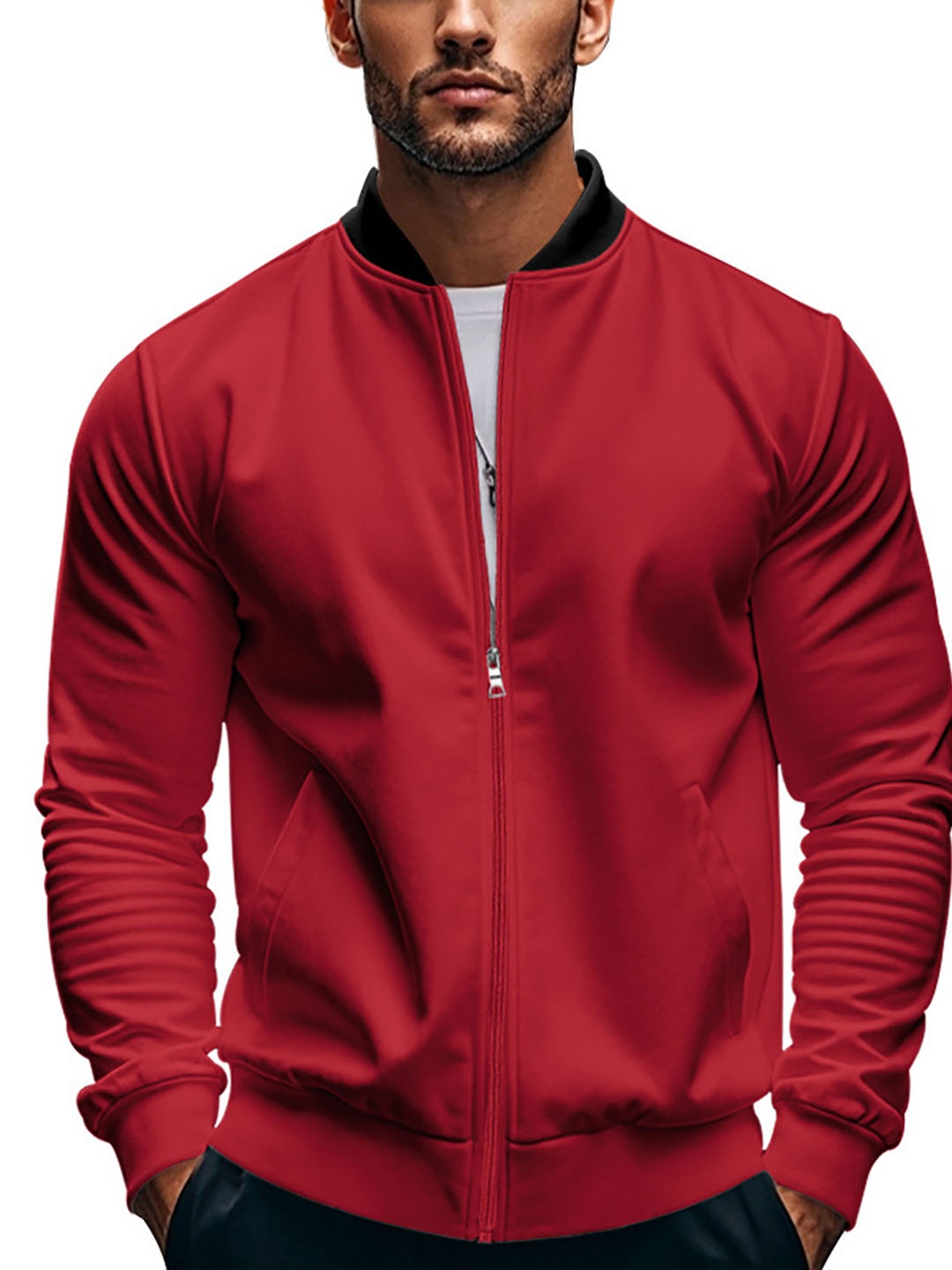 

StyleCast x Revolte Men Stand Collar Solid Casual Bomber Jacket, Red