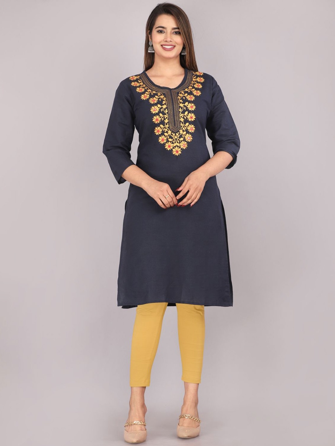 

Mehsoos Floral embroidered Yoke Design Mirror Work Straight Kurta, Navy blue