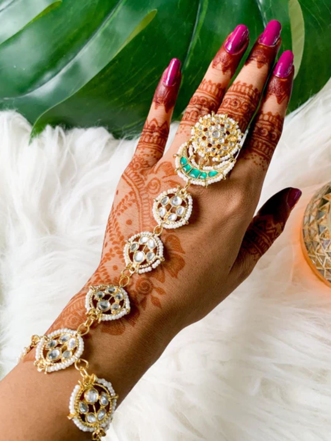 

I Jewels Gold-Plated Kundan Studded & Pearl Beaded Ring Bracelet