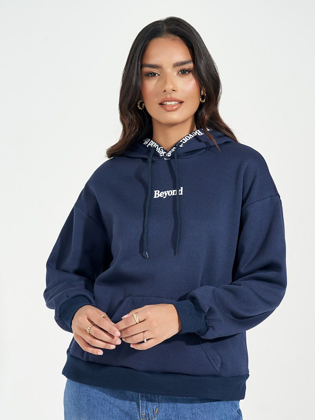 

Styli Women Slogan Printed Hooded Sweatshirt, Navy blue