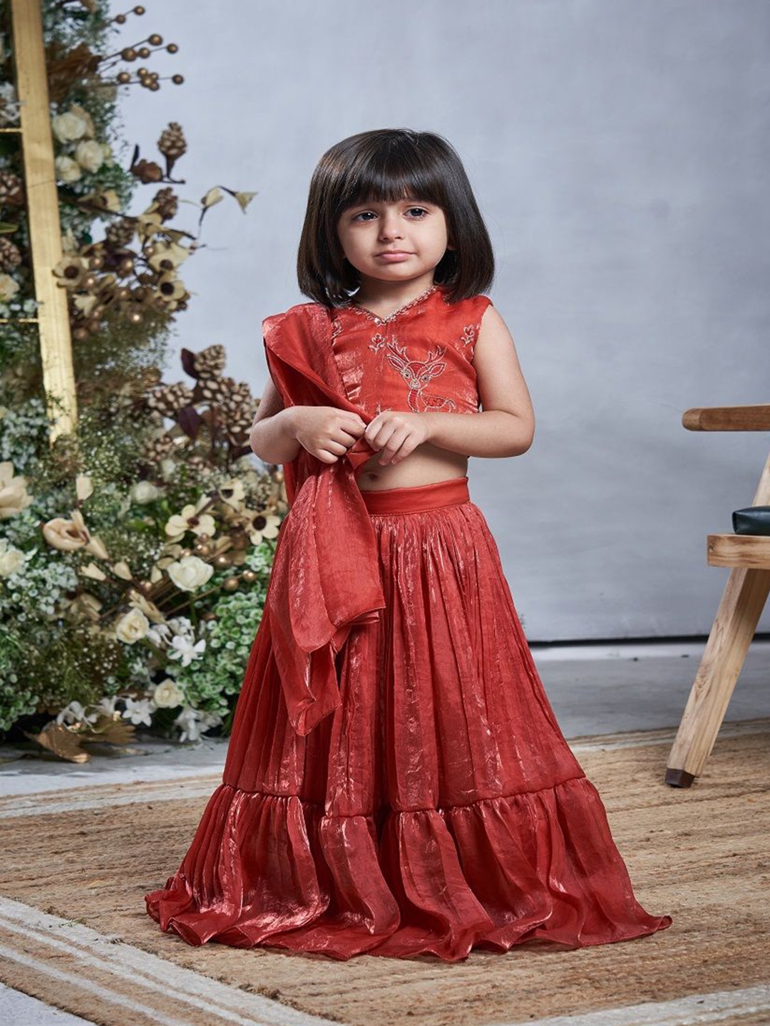 

Vivedkids Girls Embroidered Ready to Wear Lehenga & Blouse, Rust