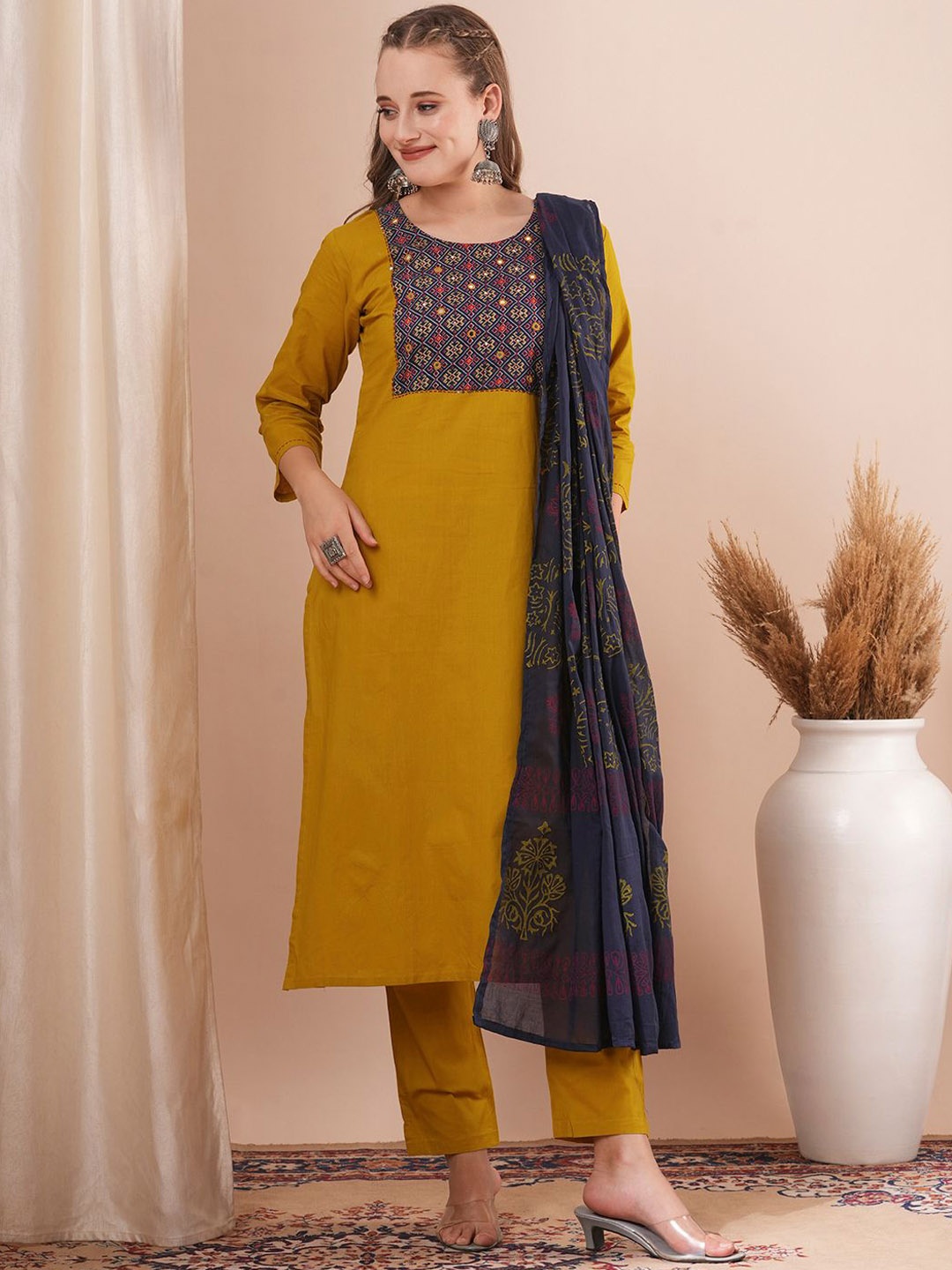 

FASHOR Ethnic Motifs Yoke Design Pure Cotton Straight Kurta With Trousers & Dupatta, Mustard