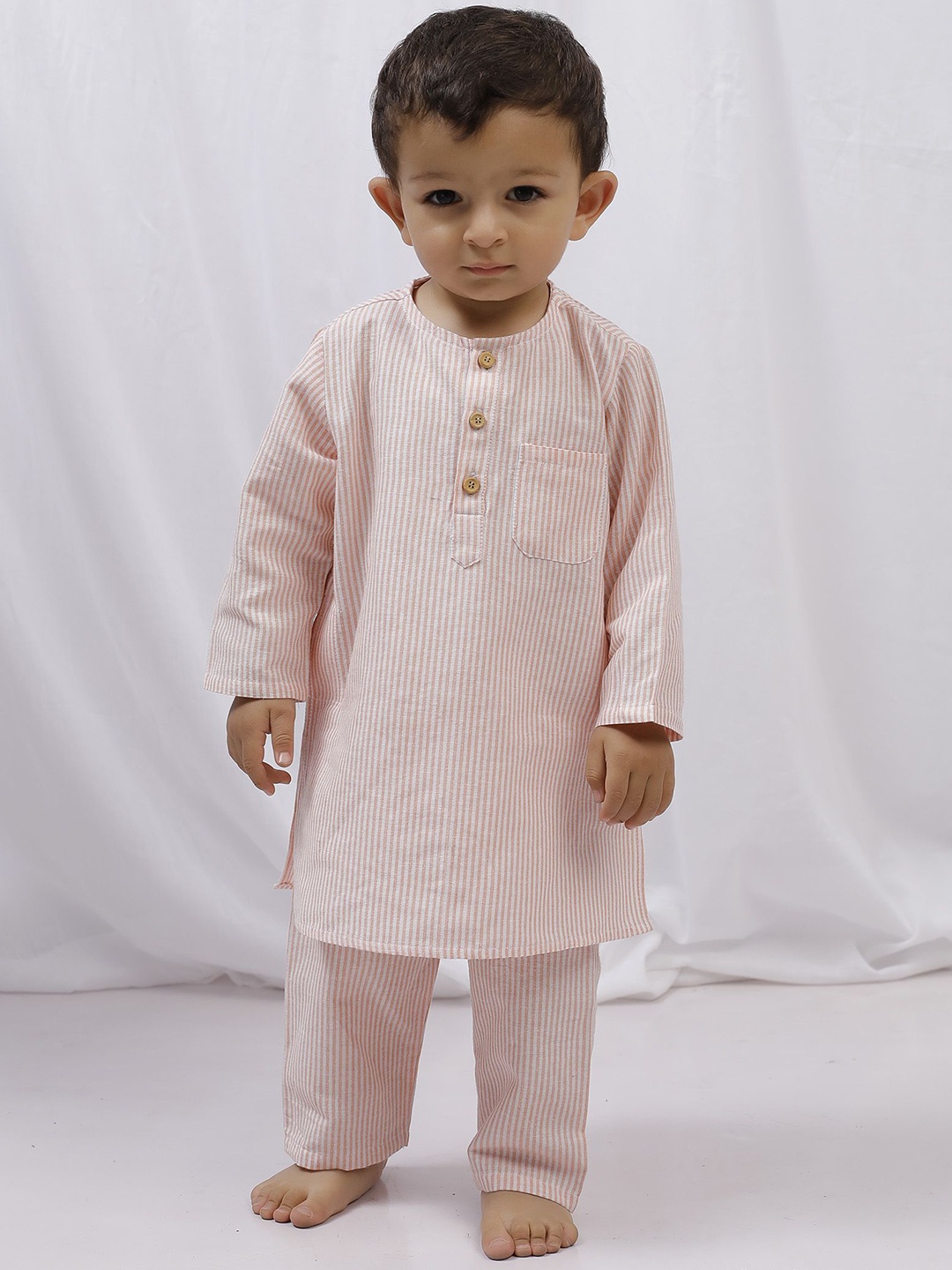 

TJORI Boys Striped Printed Pure Cotton Straight Kurta With Pyjamas, Orange