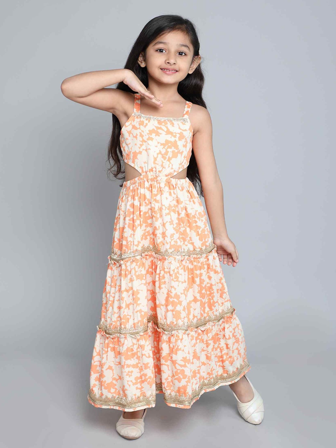 

taffykids Girls abstract printed lace detail back tie up tiered Dress, Orange