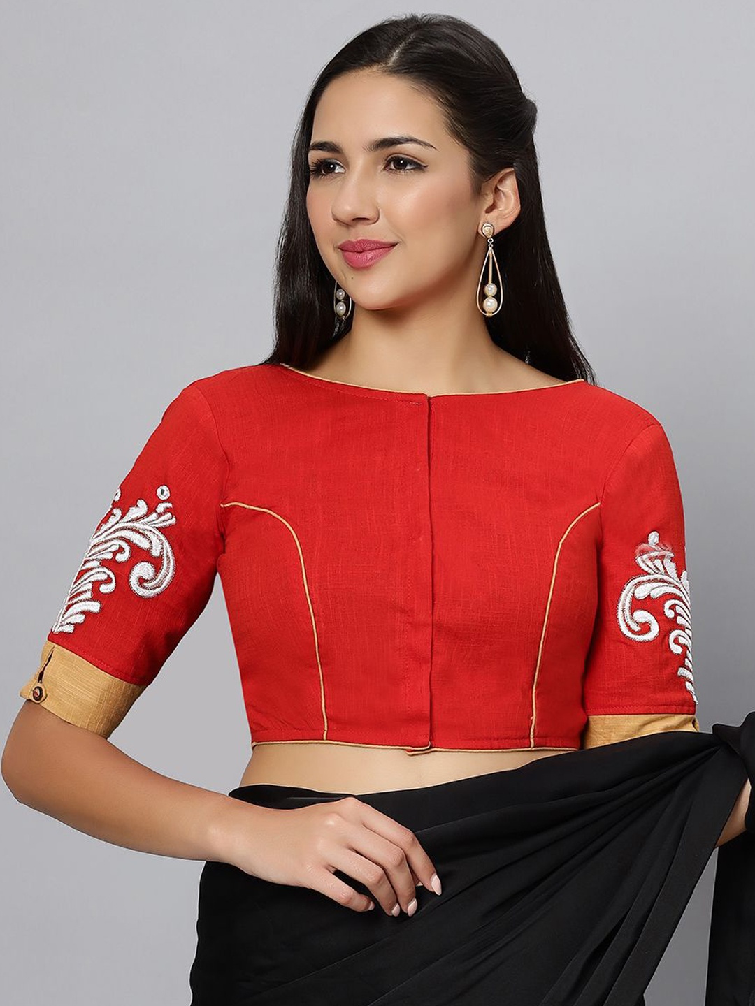 

THE SAFFRON SAGA Embroidered Red and White Women Pure Cotton Saree Blouse