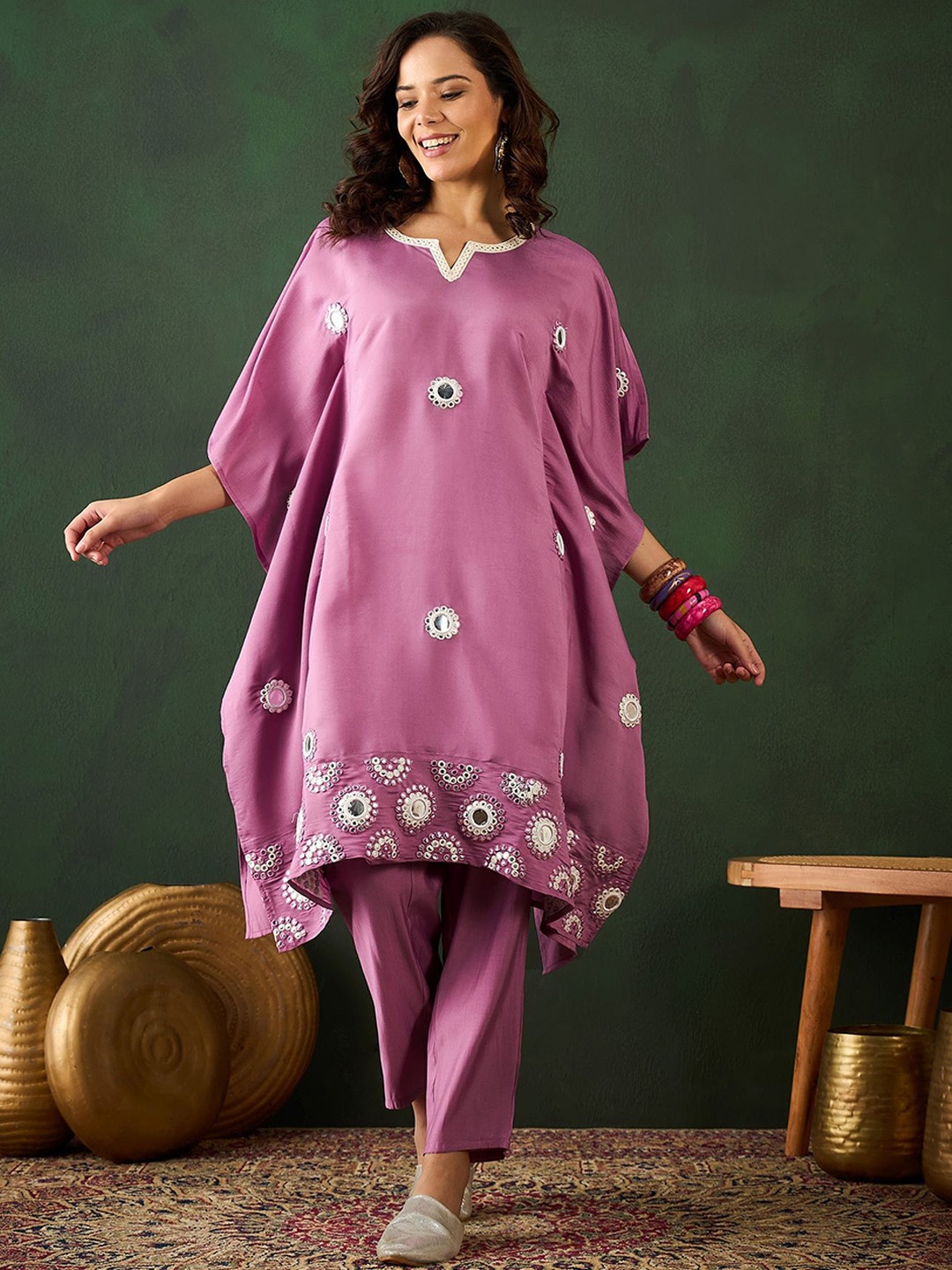 

Sangria Embroidered Mirror Work Kaftan Kurta With Trouser, Peach