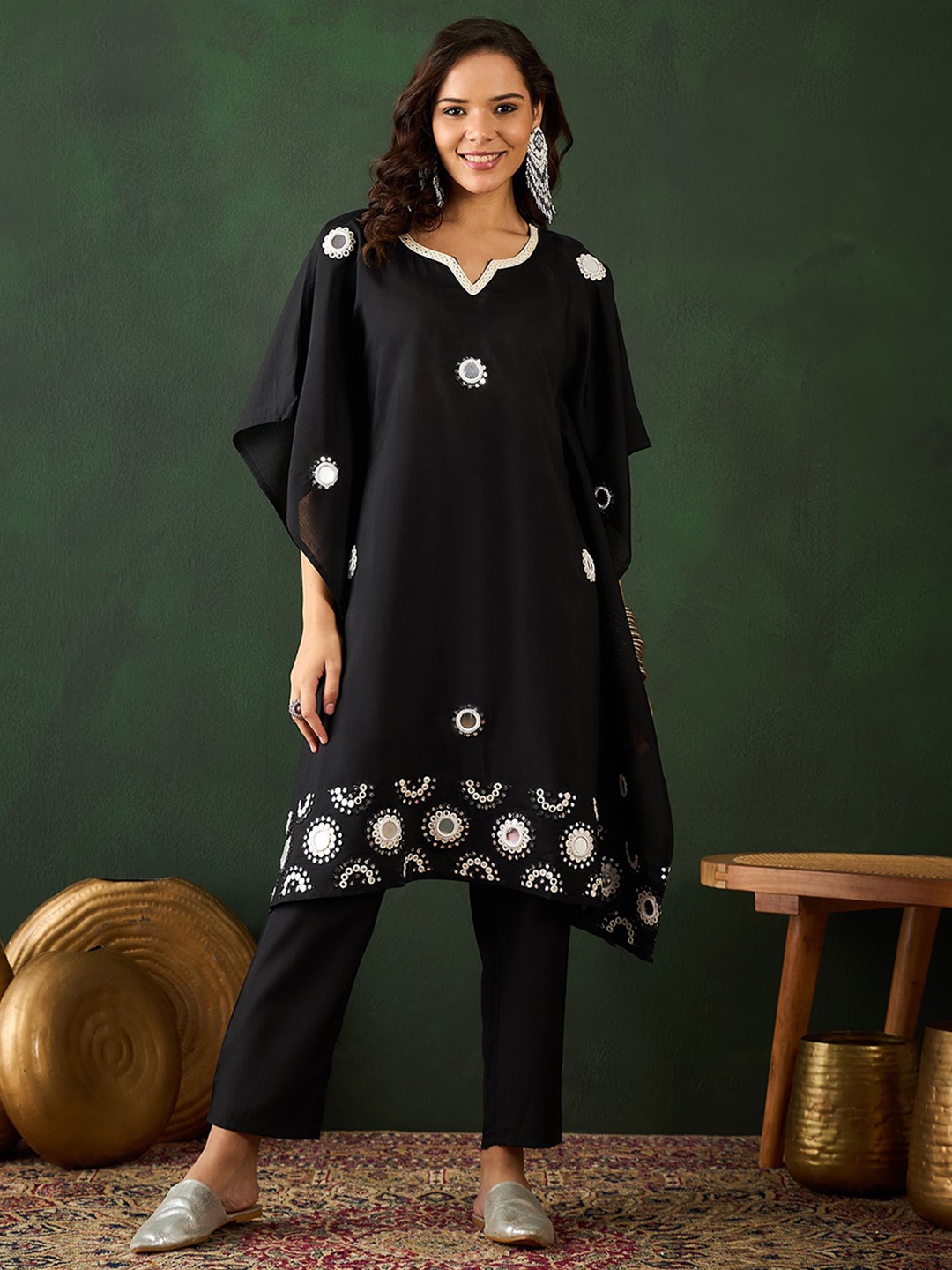 

Sangria Black Ethnic Motifs Embroidered Mirror work Kaftan Kurta With Trousers