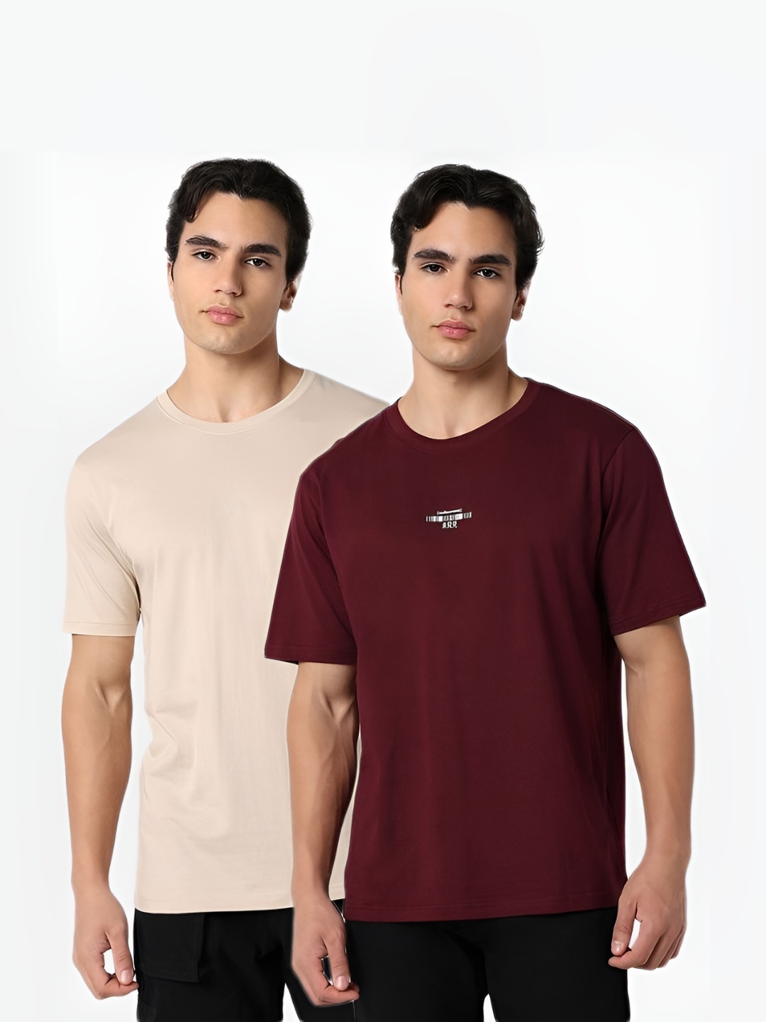 

R&B Men Pack Of 2 Solid Round Neck Cotton T-shirts, Beige