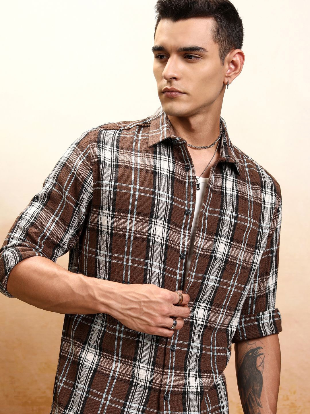 

Highlander Men Textured Dobby Checked Relax Fit Shirt, Brown
