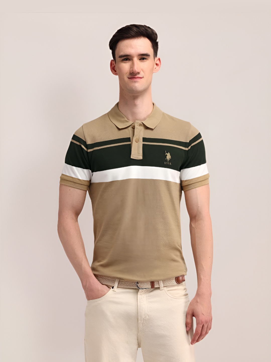 

U.S. Polo Assn. Men Striped Polo Collar Cotton Slim Fit T-shirt, Brown