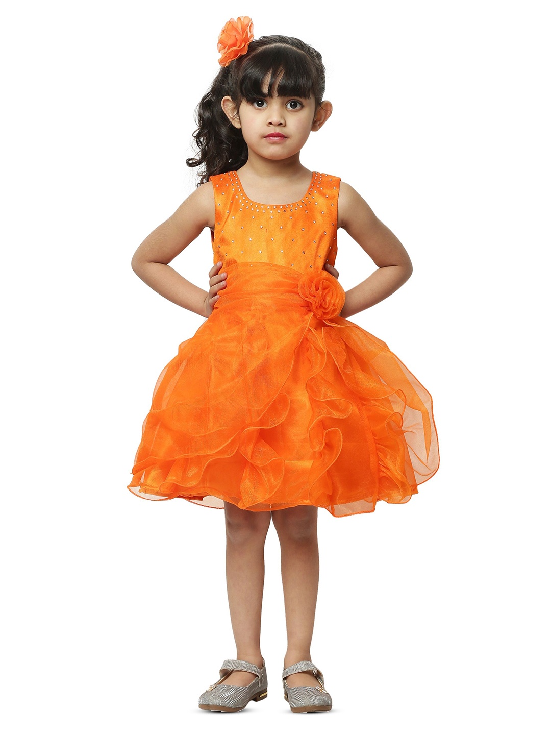 

Wish little Girl Self Design Net A-Line Dress, Orange