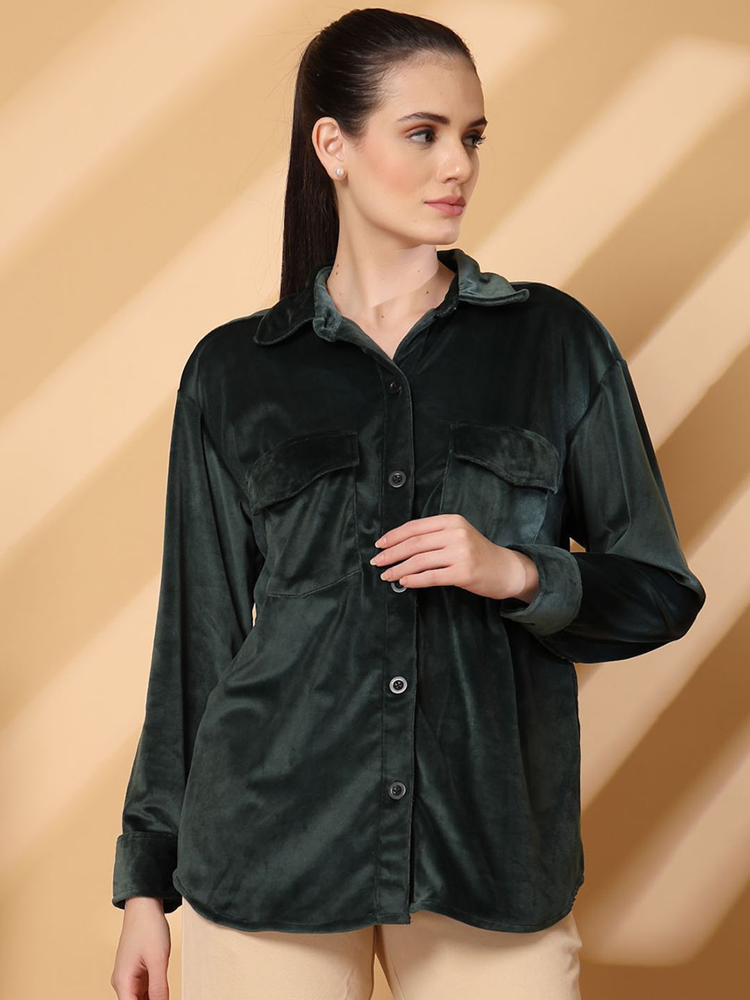 

plusS Women Spread Collar Solid Velvet Casual Open Front Jacket, Green