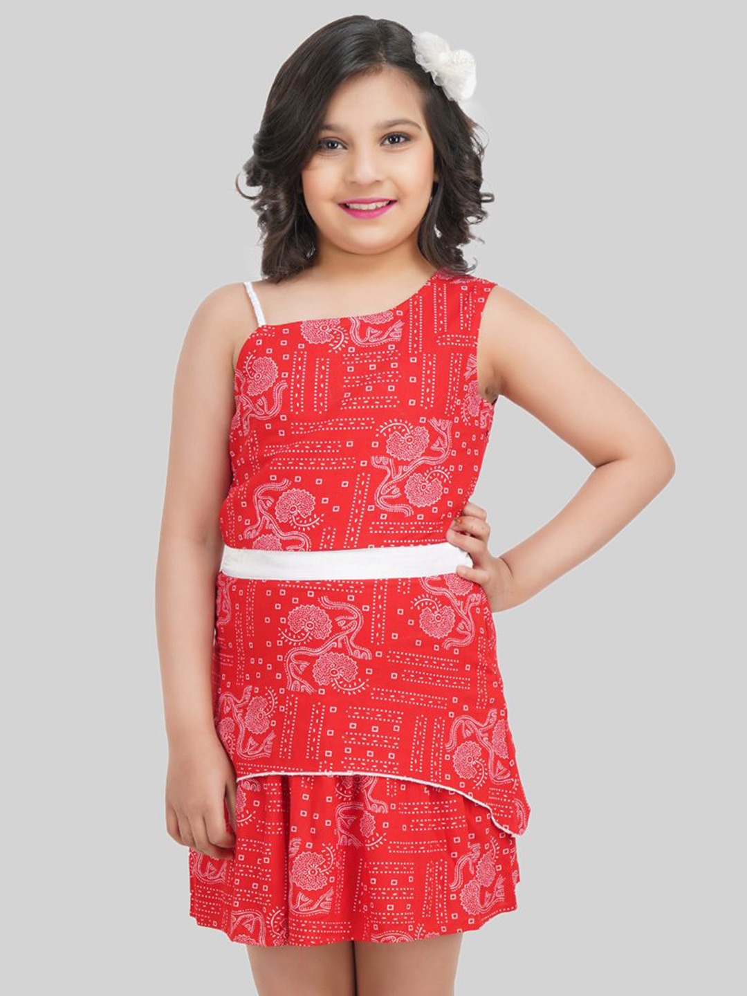 

BEING NAUGHTY Girls Floral Print Off-Shoulder A-Line Dress, Red