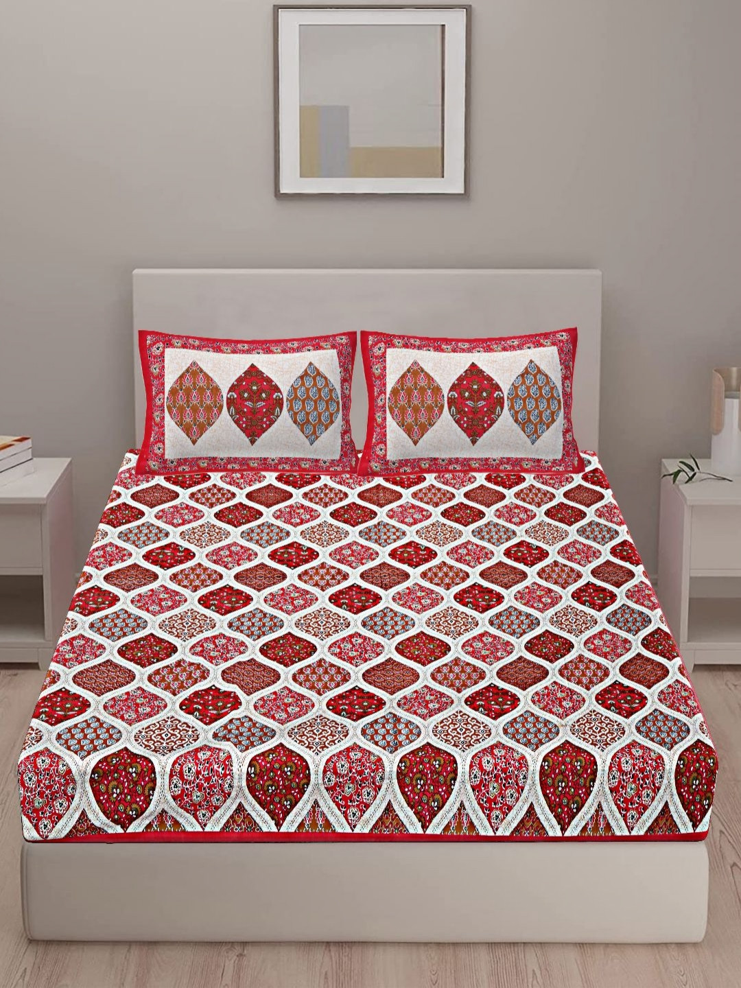 

VANI E Red & Cream-Coloured Floral Cotton 240 TC Double King Bedsheet Set-2.54 m x 2.74 m