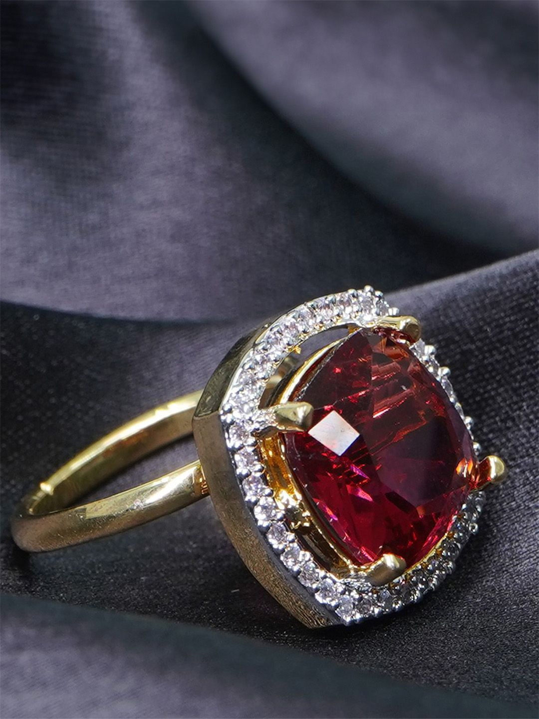 

SHARLEEZ Rhodium Plated American Diamond Studded Finger Ring, Red