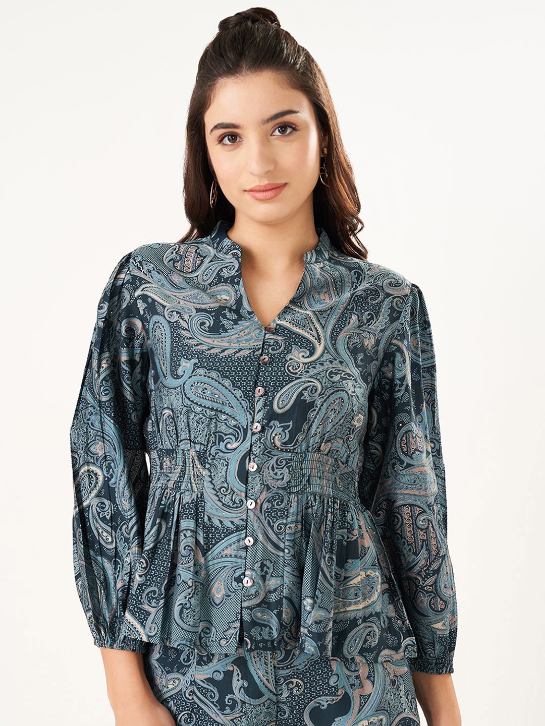 

AKKRITI BY PANTALOONS Women Paisley Printed Mandarin Collar Printed Tunic, Teal